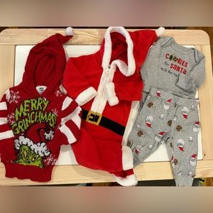 Baby Christmas outfit lot. Grinch sweater, Santa one piece, two piece set! 6-9m